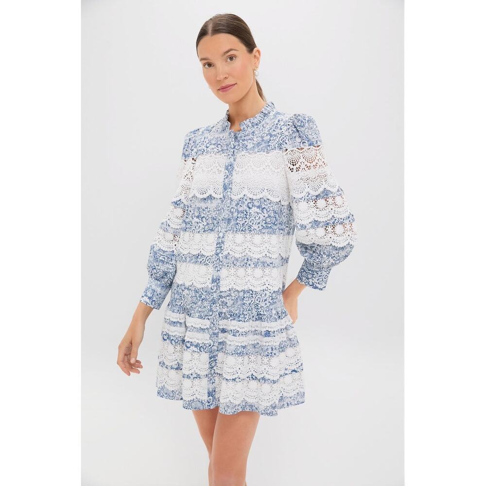 HYACINTH HOUSE Lace Trim Blue Etched Floral Emmie Mini Dress Size M NWT